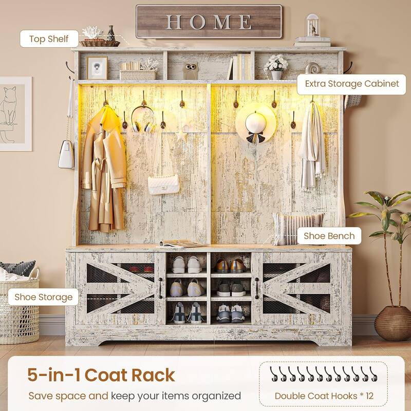 Hall Tree w/ Bench Shoe Storage Shoe Cubby Barn Door Adjustable Shelf