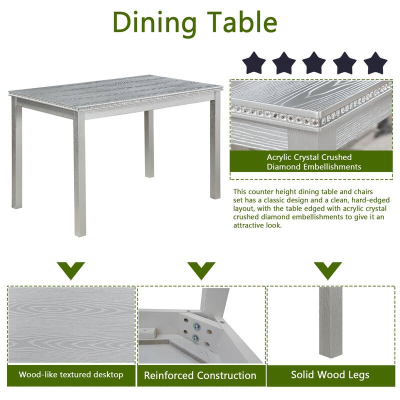 5 Piece Wooden Dining Table Set, Table Set with a Rectangular Table and 4 Upholstered Chairs, Table with Crystal Decoration