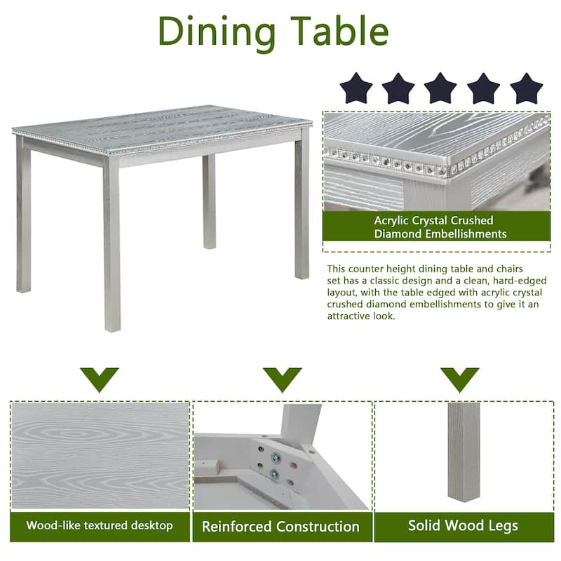 5 Piece Wooden Dining Table Set with a Rectangular Table and 4 Upholstered Chairs, with Crystal Decoration and Chairs Set
