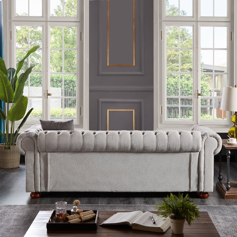 Light Grey Linen Fabric Chesterfield Sofa, 88x37x28 inches