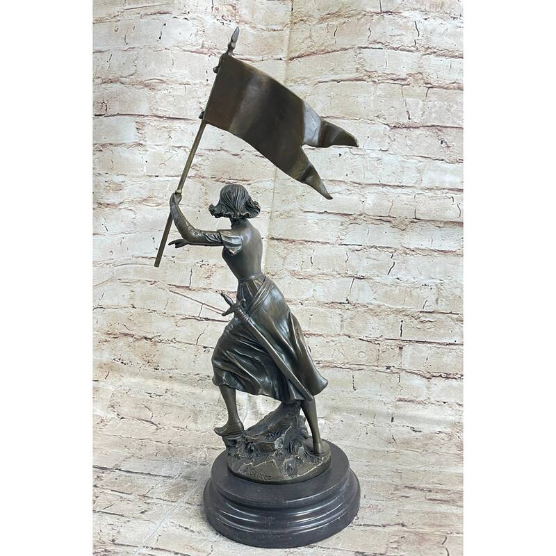Roman Imitative Catholic Saint Joan Of Arc Standing W/ Flag Sculpture Statue Bronze Figure