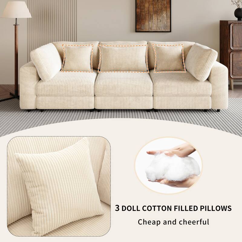 105'' 3 Seater Sofa with Removable Back Cushions and 5 Pillows, Beige Polyester, for Living Room
