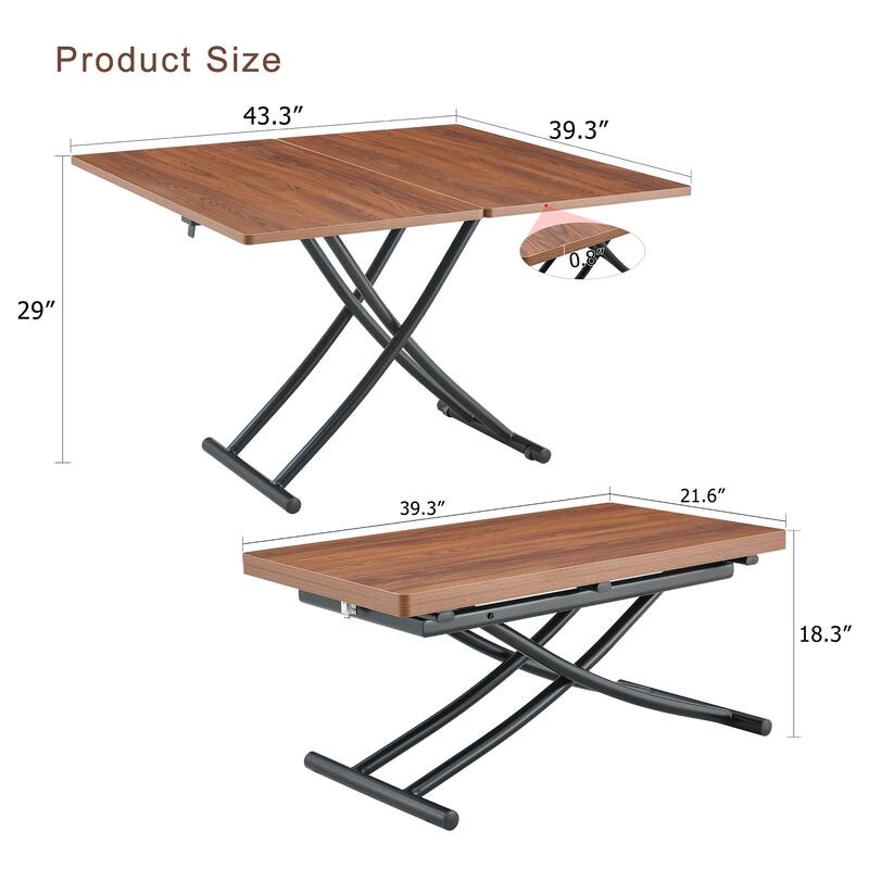 Modern Lift Table With 0.8-Inch Wood-Textured MDF Top & Black Metal Legs; Functions As Dressing, Coffee, Dining, Or Office Desk.