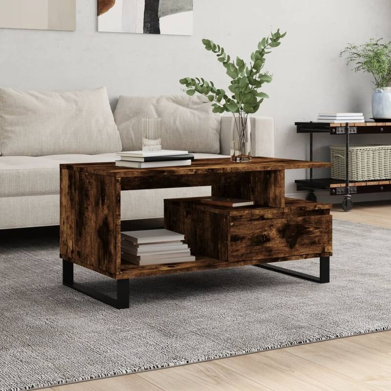 vidaXL Coffee Table White Engineered wood, metal Medium Coffee Table - 19.3 x 35.4 x 17.7 in - Smoked oak