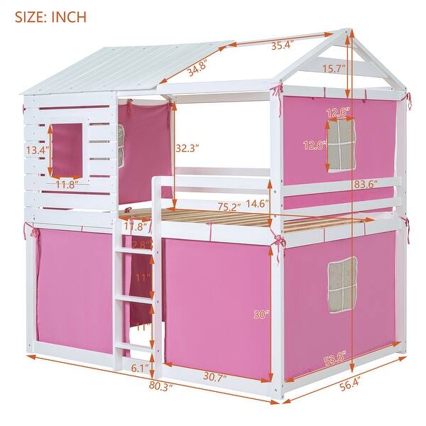 dimension image slide 1 of 2, Full Size Bunk Wood House Bed with Tent