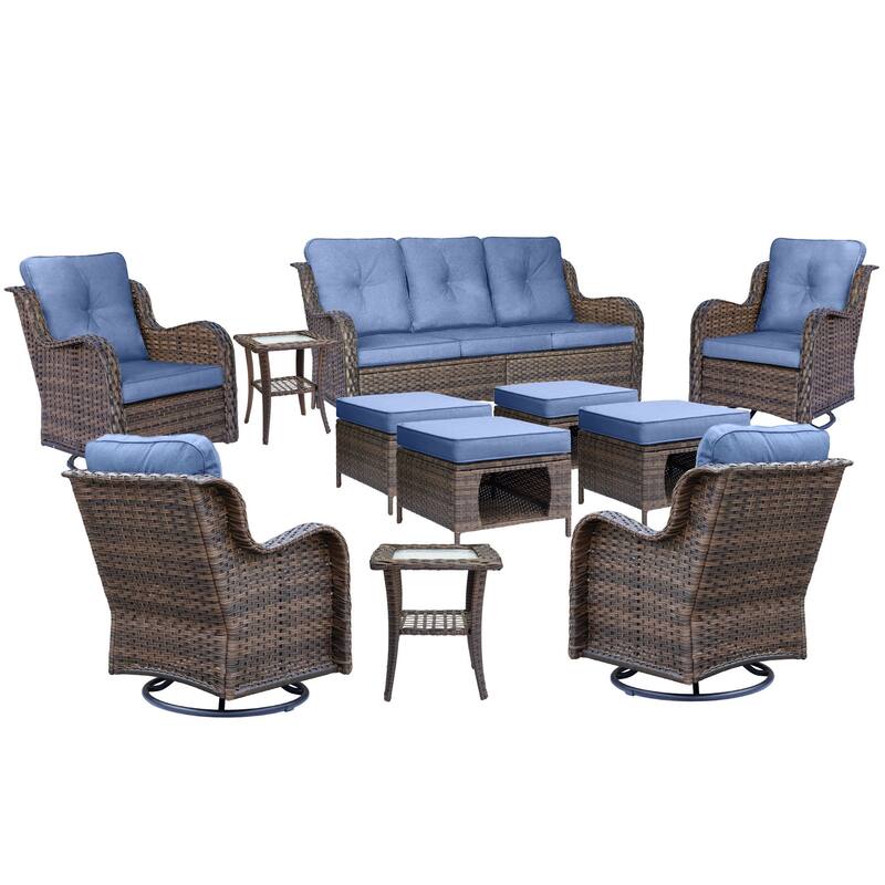 11 Piece Outdoor Wicker Patio Conversation Swivel Chairs Furniture Set