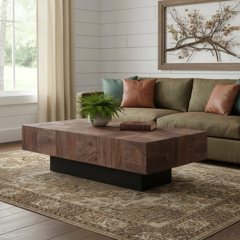 HomeRoots 59" Dark Brown and Black Solid Wood Block Coffee Table - 59