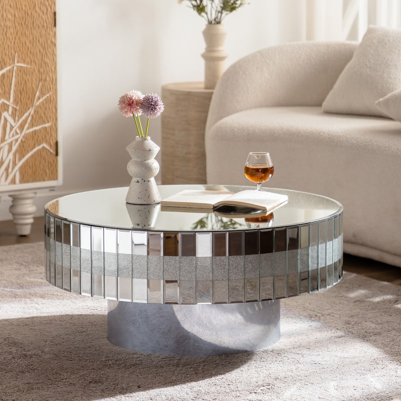 30.9" Round Silver Mirrored Coffee Table with Crushed Diamond Inlays & Crystal Edge, Modern Luxury Center Table for Living Room
