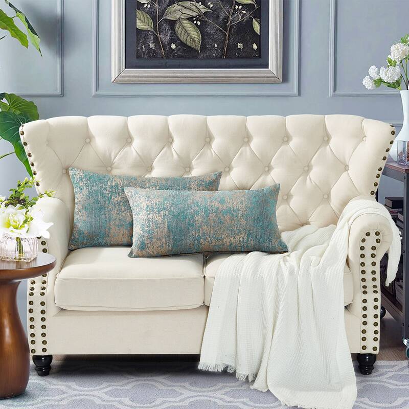 Peralta 2-piece Jacquard Chenille Zipper Pillow Shell Set, NO INSERT - 14'' x 26'' - Teal/Camel