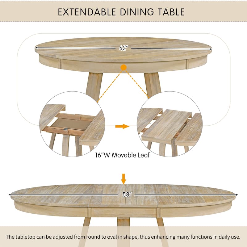 5-Piece Retro Extendable Round Dining Table Set, 42"-58" Wood Table with Leaf and 4 Upholstered Chairs for Dining Room