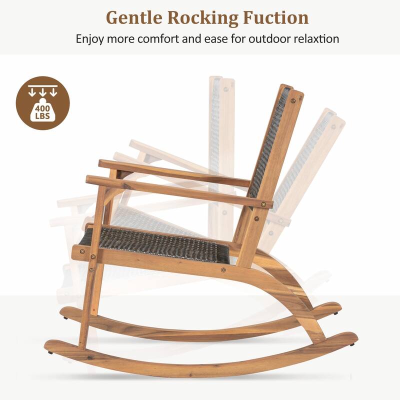 Outdoor Rocking Chair Set - 2 Acacia Wood Rockers with Wicker Rattan Seat & Backrest