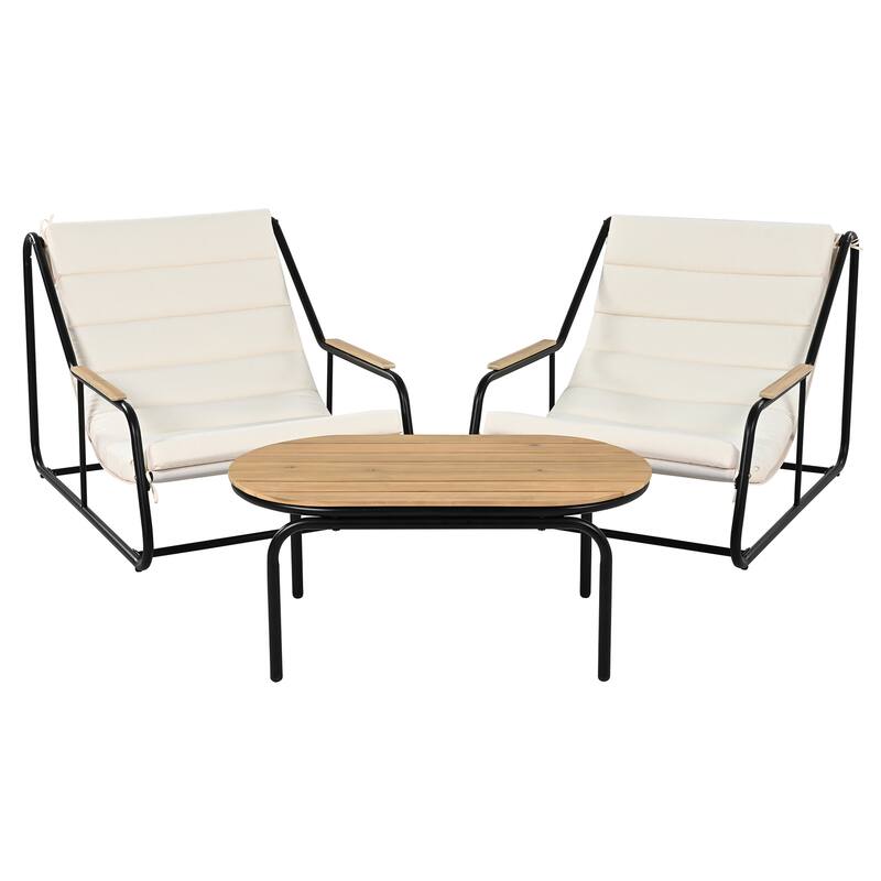 Outdoor Chaise Lounge Set w/ Acacia Side Table, Pool/Lawn/Deck, 3 Pcs - Beige+Black