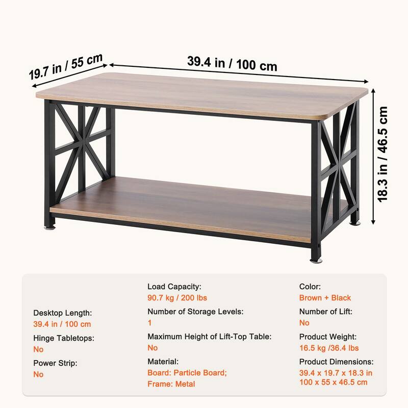 2-Tier 40 Inch Rectangle Coffee Table with Open Storage Compartment and Metal Frame - 39.4” x 19.7” x 18.3”