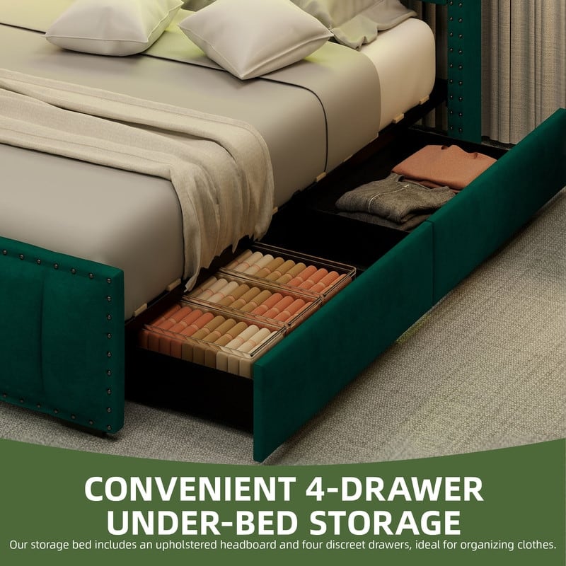 Full / Queen / King Size Platform Bed Frame with Upholstered Storage Headboard and 4 Drawers