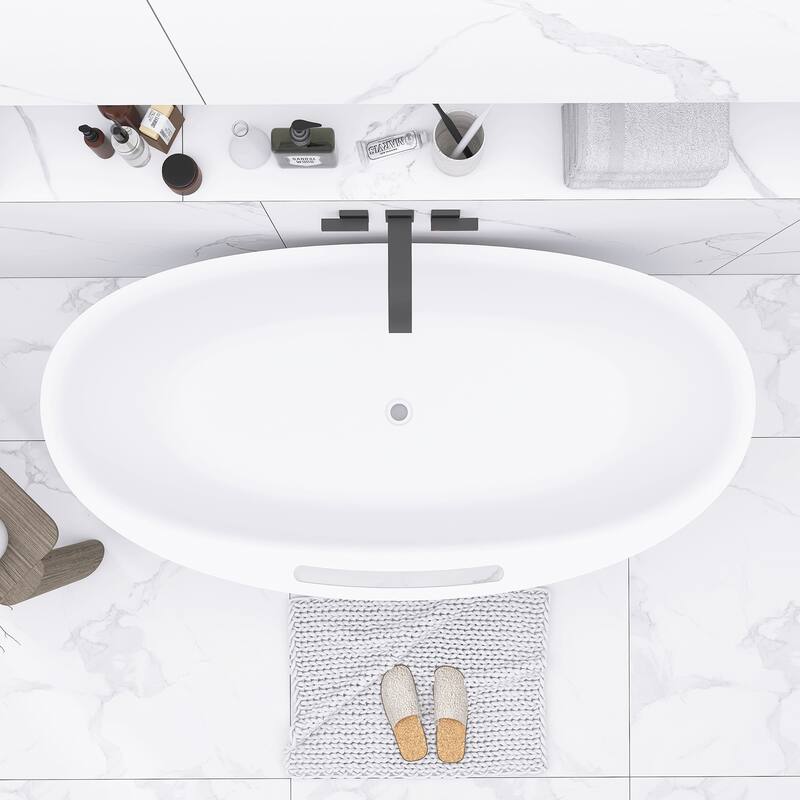 63/67 Inch Stone Resin Solid Surface Freestanding Soaking Bathtub with Center Drain in Matte White