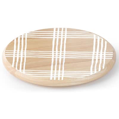 White Plaid Round Wood Lazy Susan Turntable 14" Diameter for Serving Kitchen Organization Condiment Caddy