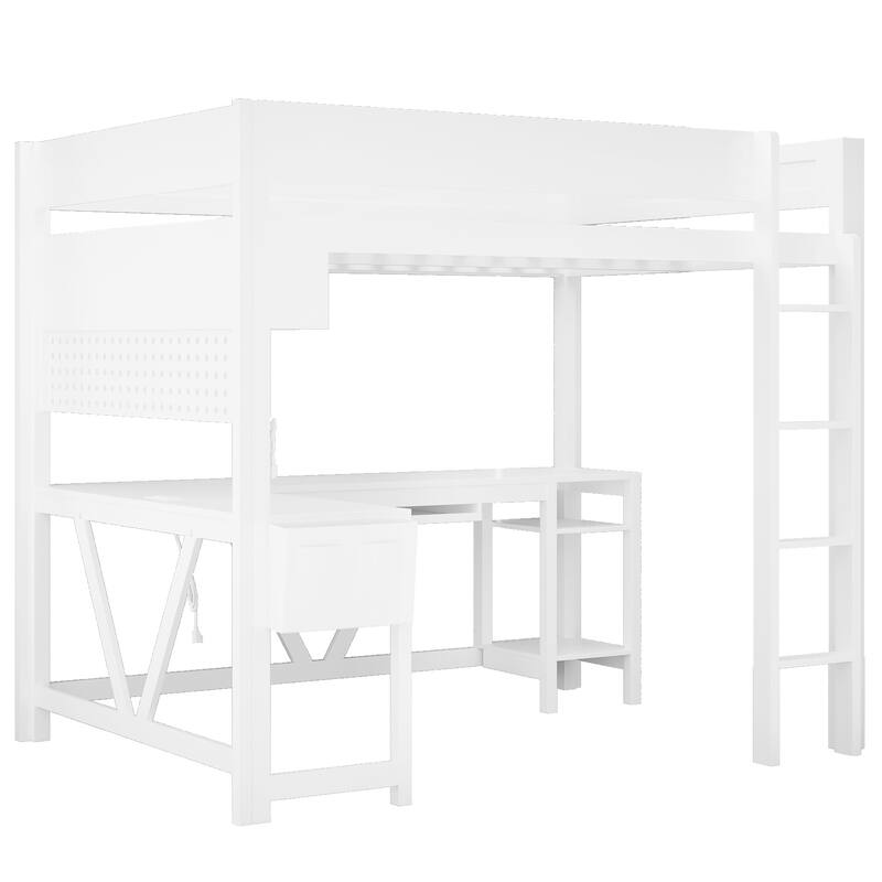 Full Size Gaming Loft Bed with Desk, Wood Frame with Storage Shelves, LED Lights & Charging Station