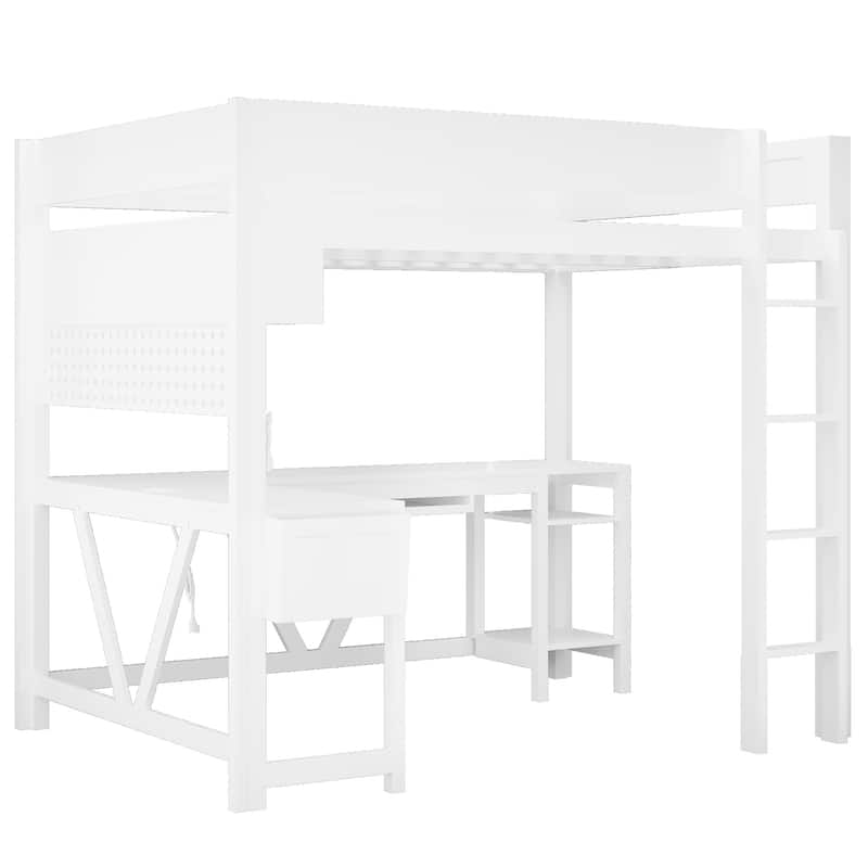 Wood Full Size Gaming Loft Bed Frame with Computer Desk, Grid Storage Panel, Storage Shelves, Cabinet, LED and Charging Station
