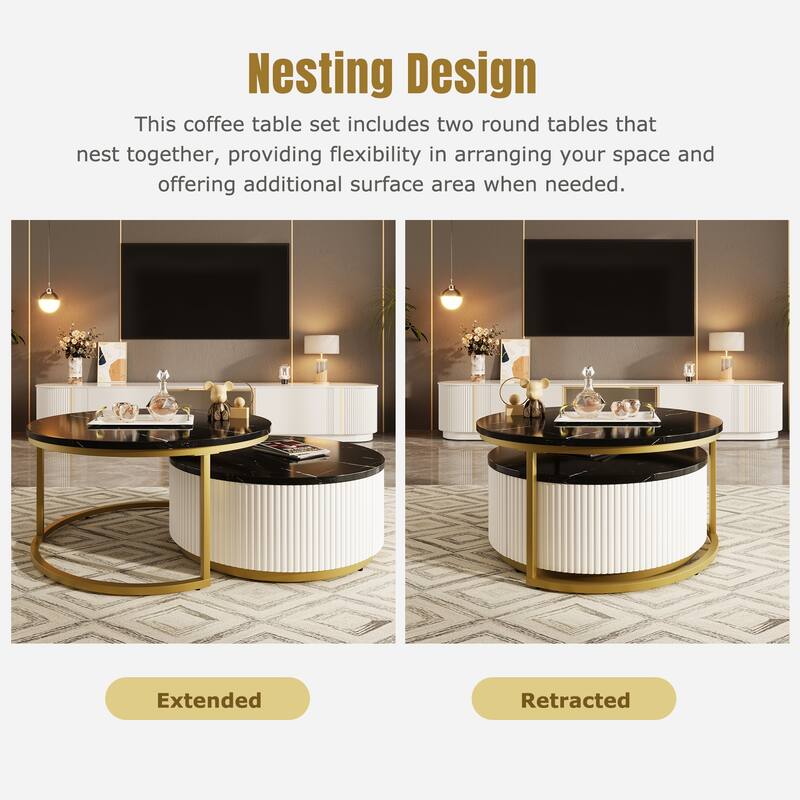 Modern Round Nesting Coffee Table Fluted with Drawer