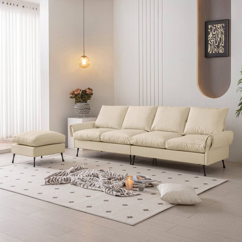 Contemporary Technical Leather L-Shaped Sofa Couch with Convertible Ottoman