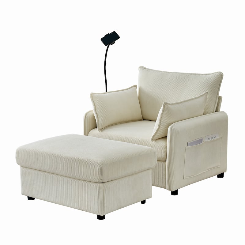 Corduroy Lounge Chaise with Ottoman, USB Charging and Hidden Storage