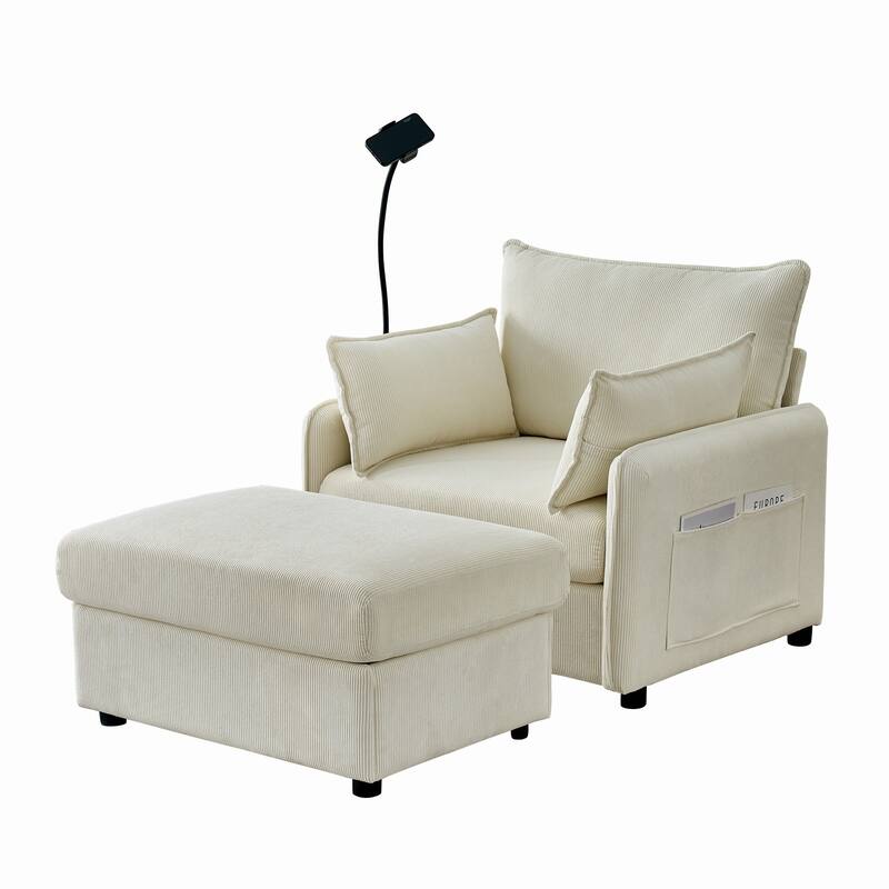 Roomfitters Modern Upholstered Chaise Lounge Chair with Ottoman, Comfy Oversized Armchair with Storage Side Pocket, Beige