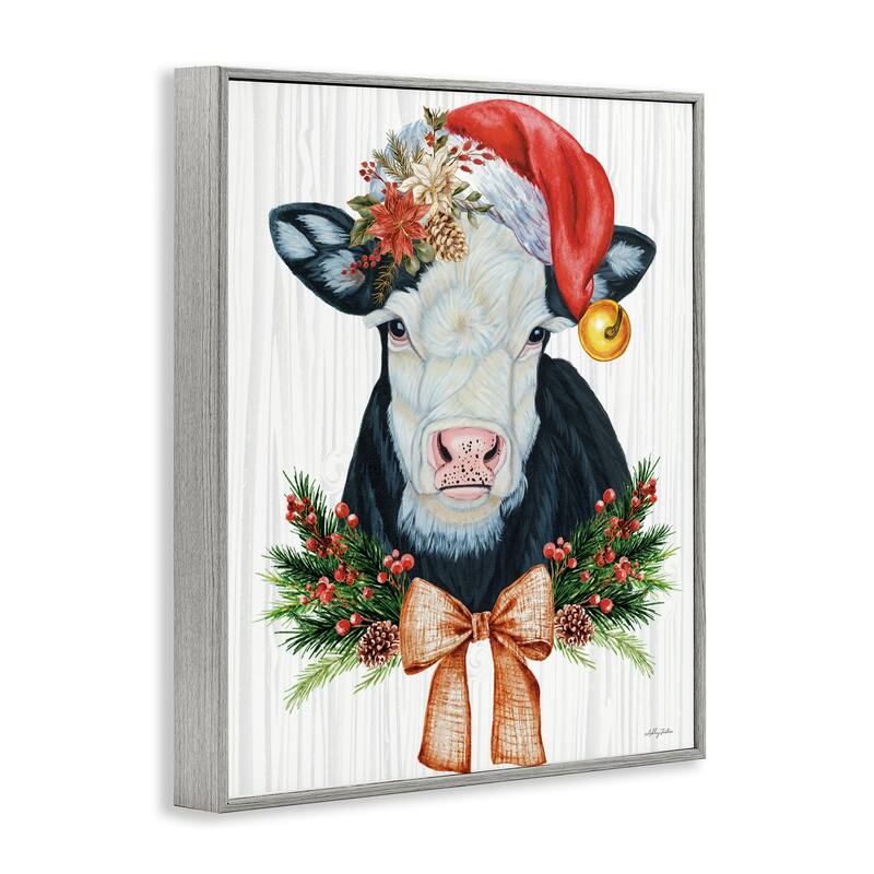 Stupell Festive Cow in Christmas Hat Framed Giclee Art Design By Ashley Justice