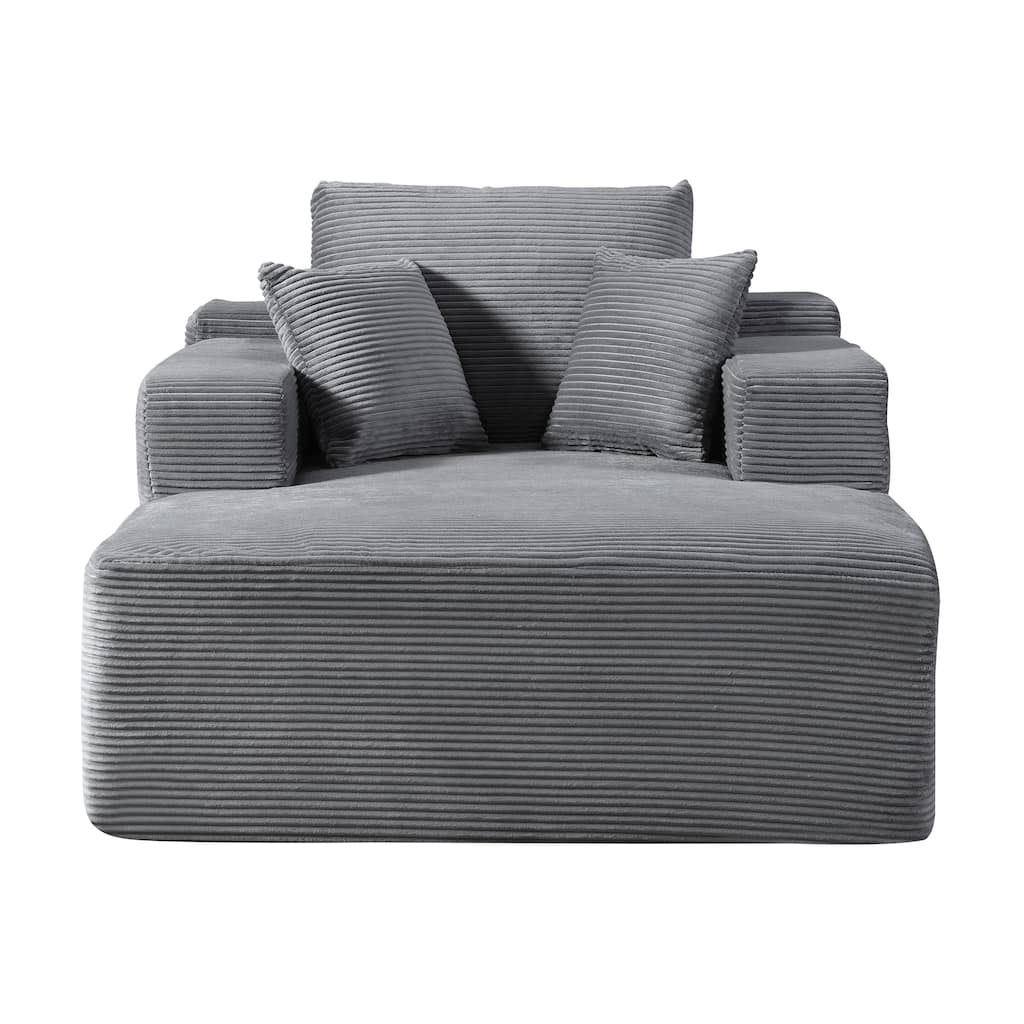 Convertible Chaise Lounge Chair Indoor - Oversized Corduroy Couch with Wide Armrest & Throw Pillows
