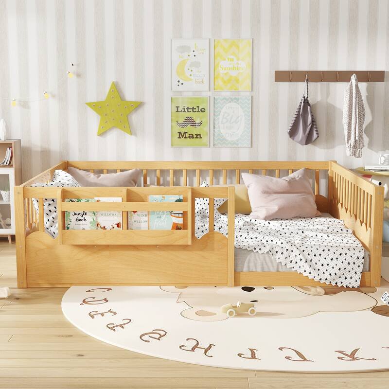 Queen Floor bed with Heightened Fence and bookshelf, Wood Floor Bed for Kids