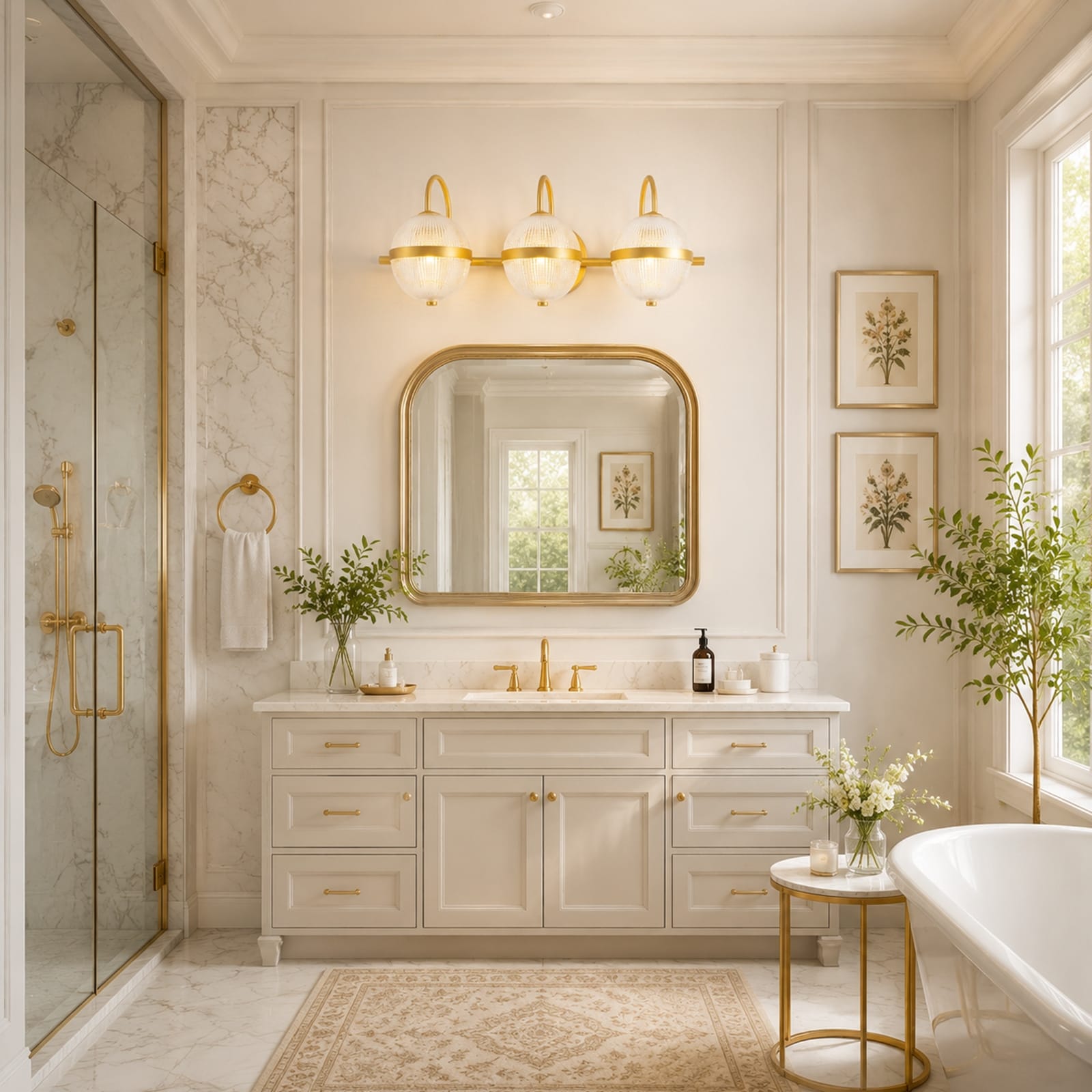 24.6 in. 3-Light Vintage Brushed Gold Textured Glass Globe Bathroom Vanity Light - 24.6 in. W x 9.6 in. D x 9.4 in. H