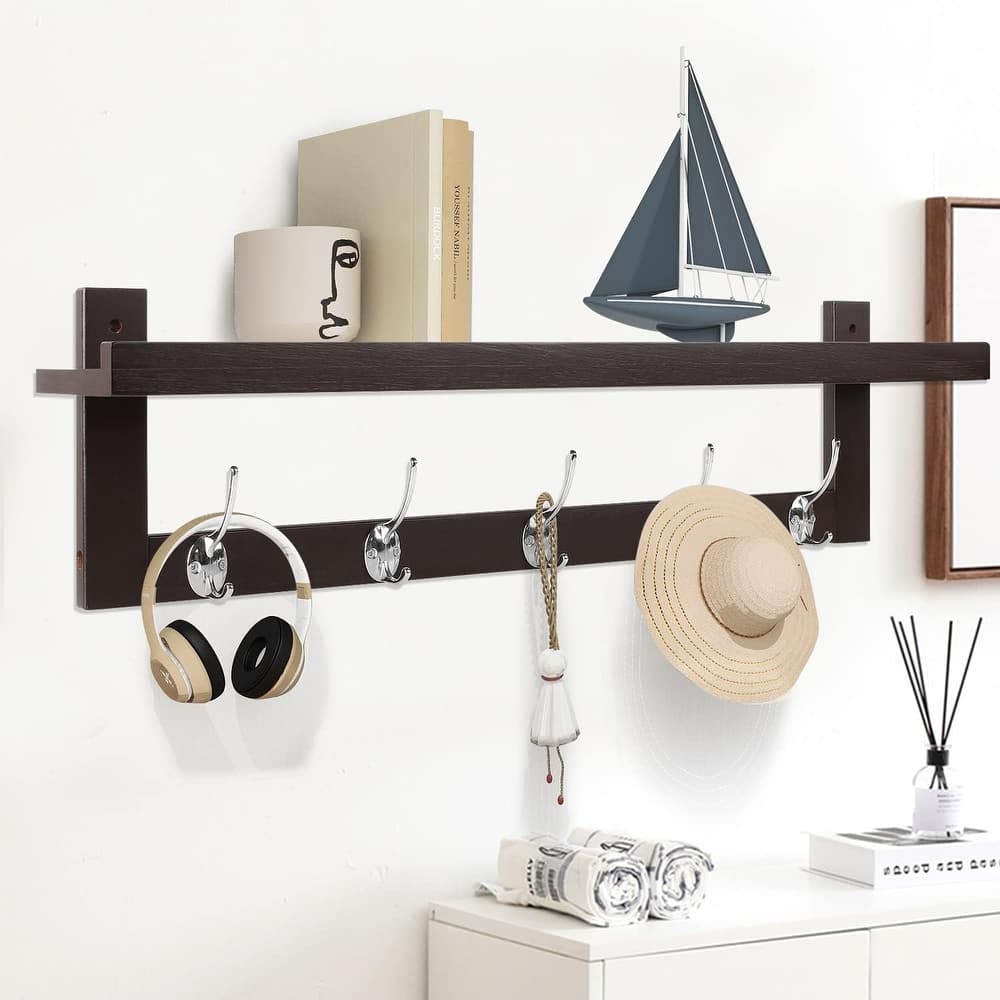 Coat Hooks with Shelf Wall-Mounted, Bamboo Hanging Shelf with 5 Double Metal Hooks