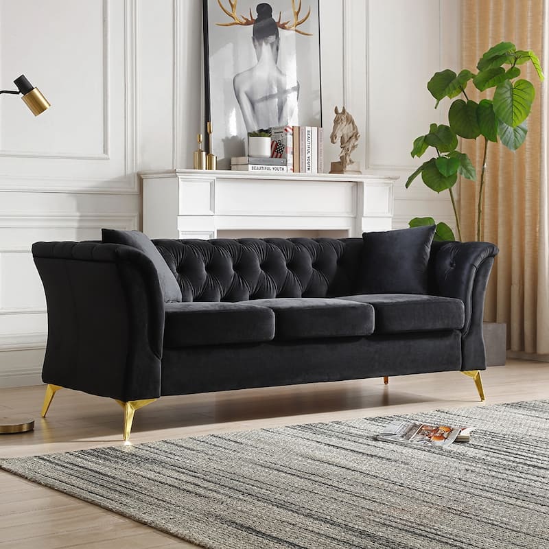 Mid-century Velvet Fabric Tufted Chesterfield 3-Seater Sofa