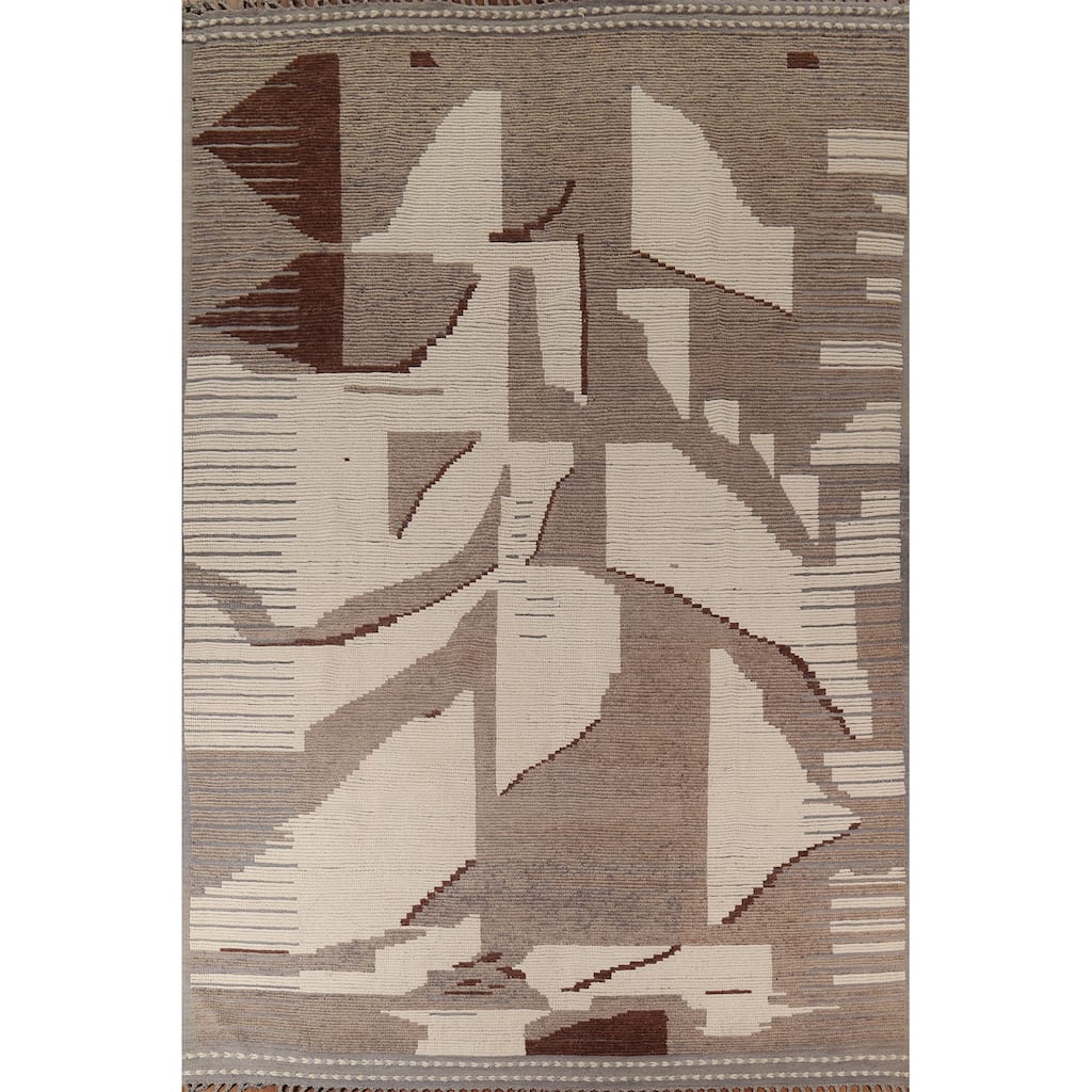 Abstract Moroccan Earth Tone Area Rug Hand-Knotted Wool Carpet - 8'11"x 12'7"