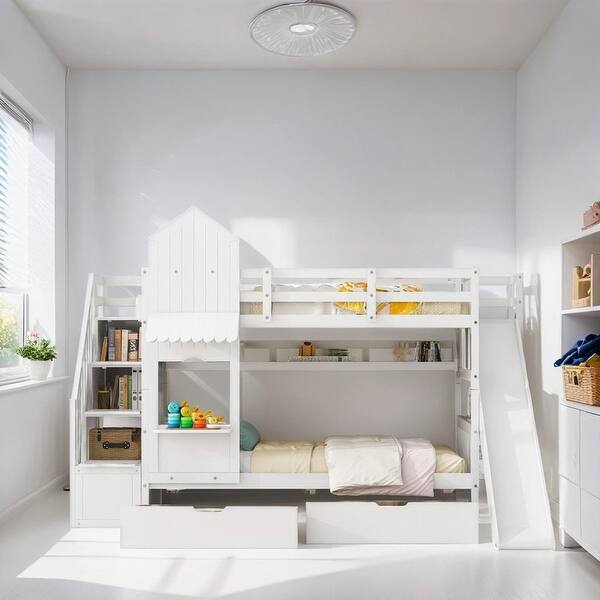 slide 2 of 9, Twin Over Twin Castle Style Bunk Bed Kids Bed with 2 Drawers 3 Shelves and Slide Kids Furniture, White