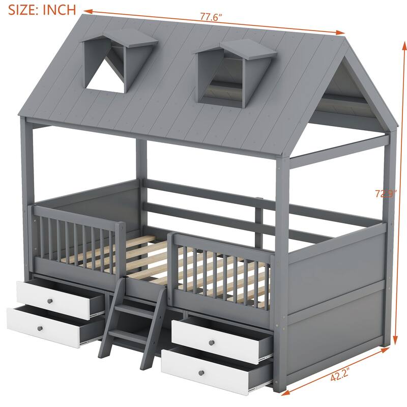 Twin/Full Size Wooden House Bed Frame with Skylight Roof, Drawers, Shelves and Ladder