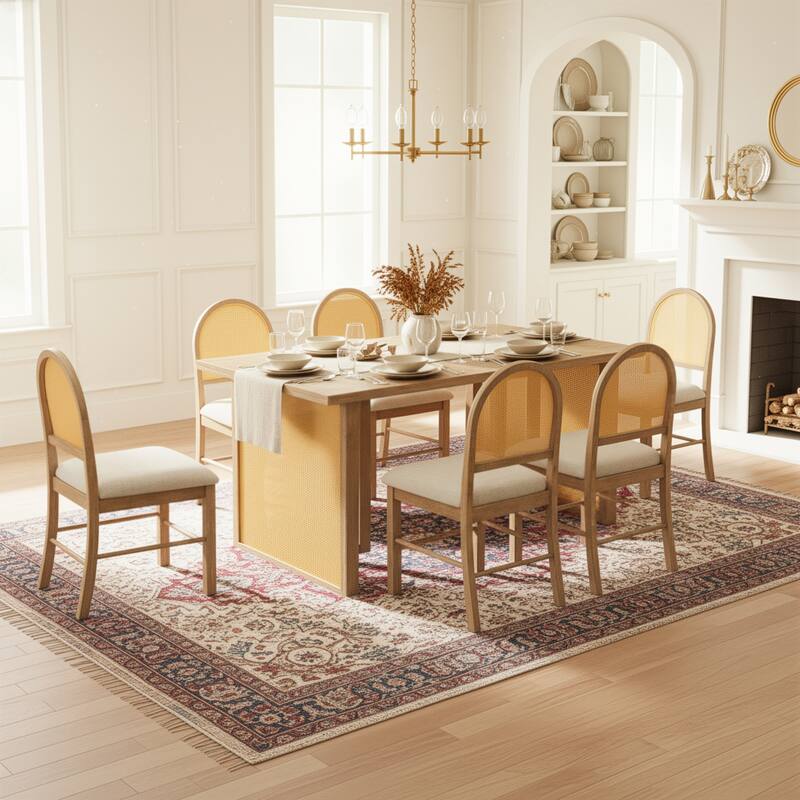 7-Piece Farmhouse Dining Table Set with Distressed Oak Veneer and Upholstered Rattan Chairs for Gatherings
