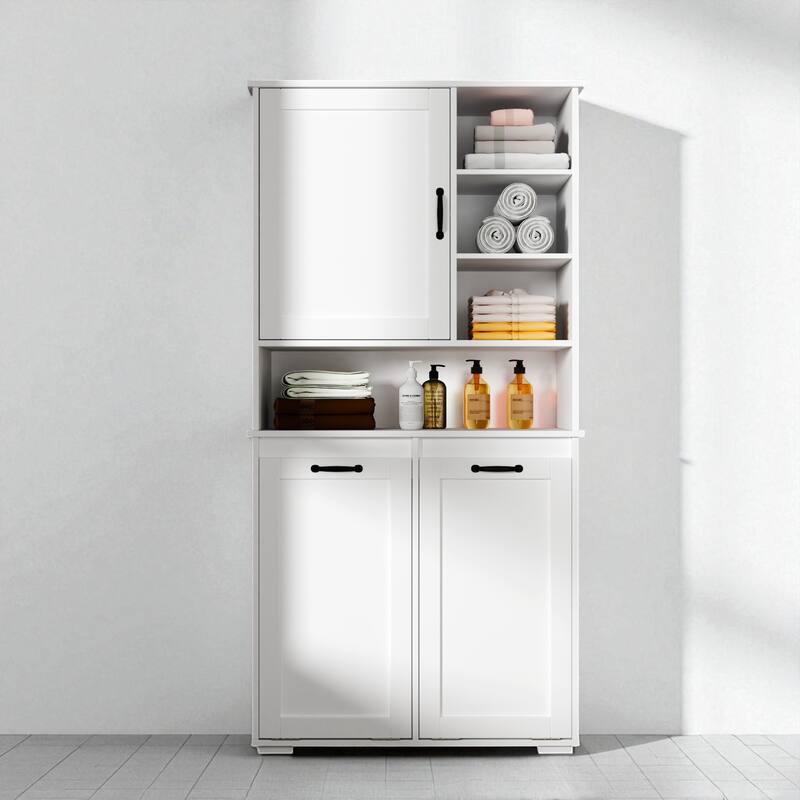 31.5" Freestanding Laundry Cabinet with Tilt-Out Laundry Hampers, Adjustable Shelves, White