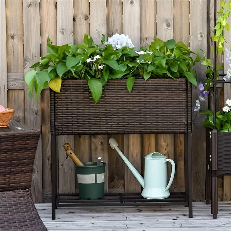 Rattan Steel Elevated Raised Planter Box with Storage Shelf - 27.5" L x 11.75" W x 27.5" H