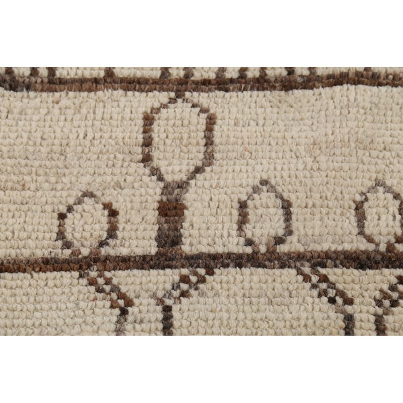 Geometric Ivory Moroccan Oriental Runner Rug Hand-Knotted Wool Carpet - 3'10"x 12'7"