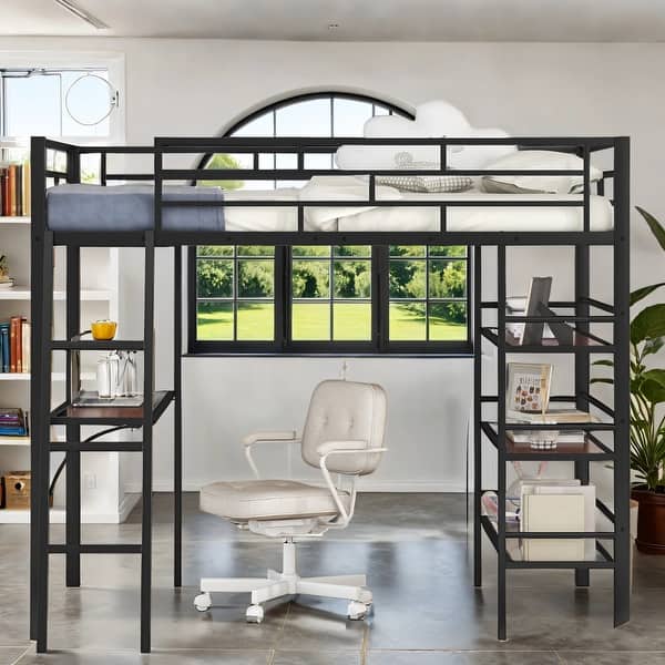 slide 2 of 22, Full Size Loft Metal Bed With 3 Layers Of Shelves And Desk Black