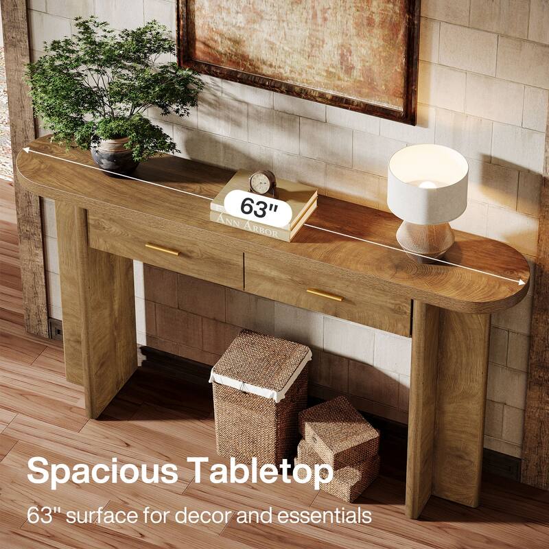 63'' Console Table with 2 Drawers Oval Curved Entryway Table