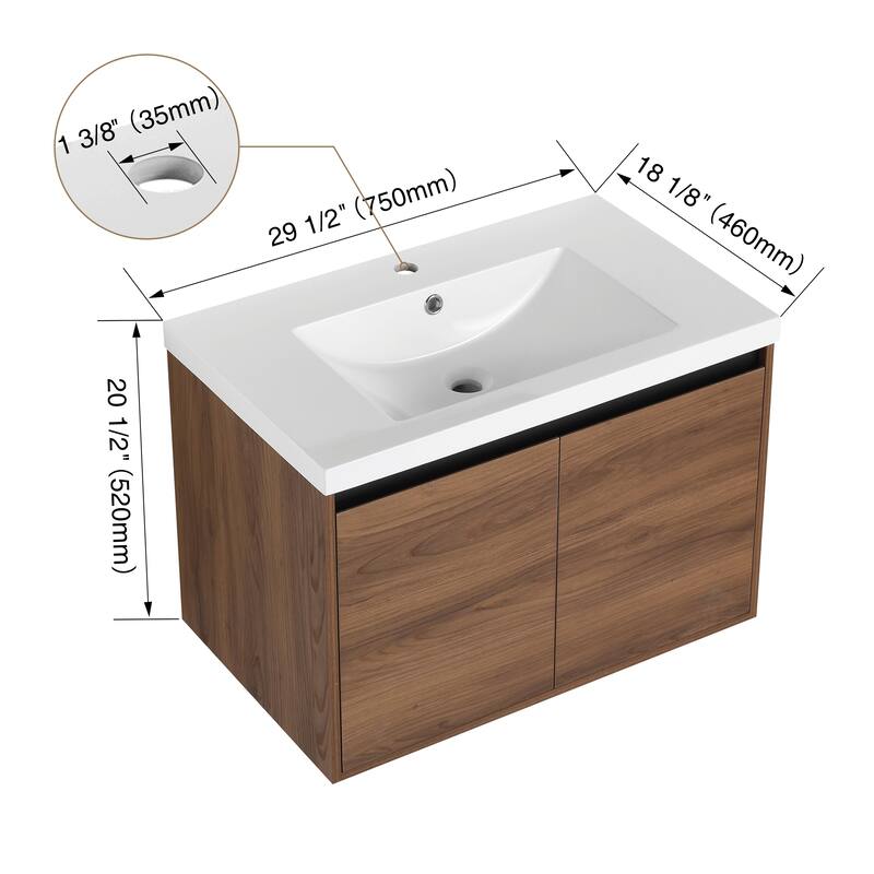 GDFStudio - Levistar Modern Wall-Mounted Bathroom Vanity Set with Scratch-Resistant Resin Sink & Soft Close Doors
