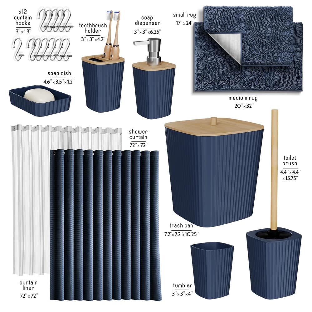 Empyrean Bamboo Bathroom Accessories Set with Shower Curtain Set, Toilet Brush, Trash Can & Soap Dispenser