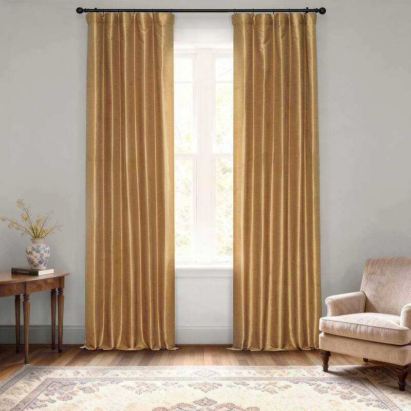 Exclusive Fabric Flax Gold Textured Silk Single Curtain (1 Panel) - 50 X 108 - Flax Gold