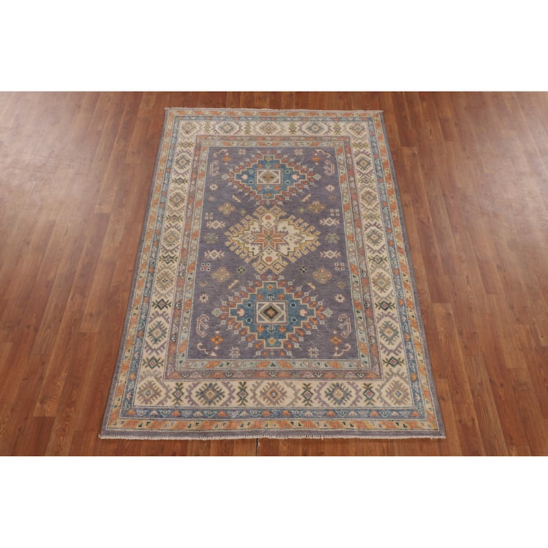 Gray Geometric Kazak Oriental Accent Rug Handmade Wool Carpet - 4'2" x 6'2"
