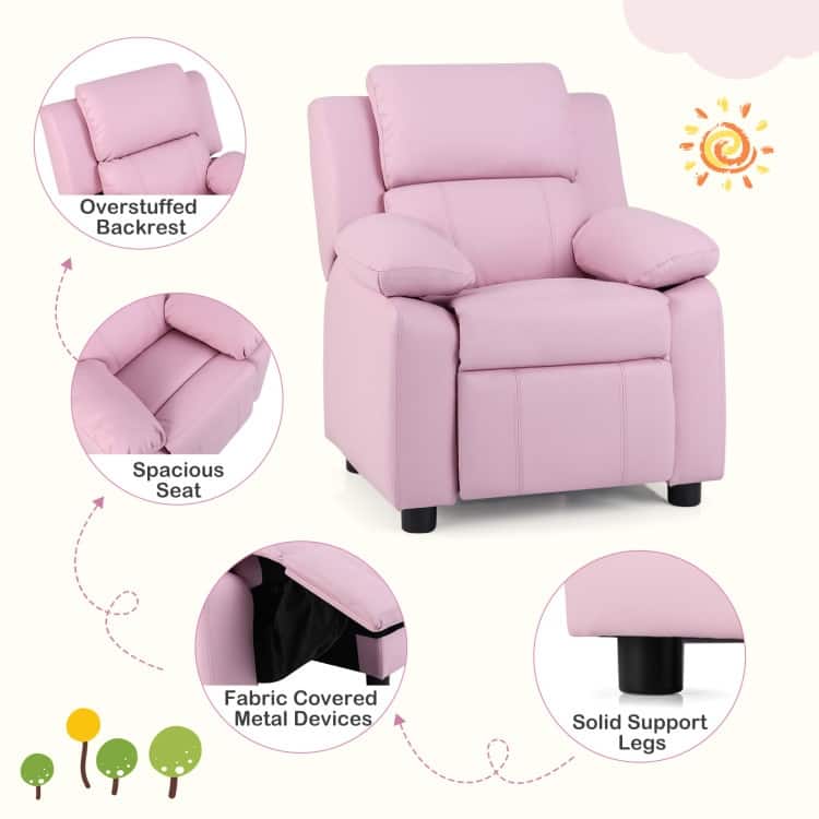 Kids Deluxe Headrest Recliner Sofa Chair with Storage Arms - 25" x 25.5" x 29" (W x D x H)