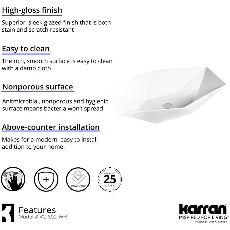 Karran USA VC-602 Valera 25-1/8" Rectangular Vitreous China Vessel