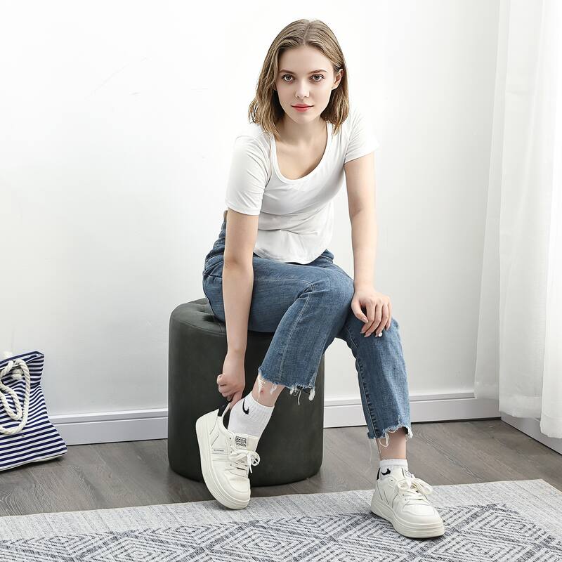 Adeco Round Ottoman Upholstered Tufted Faux Leather Footrest