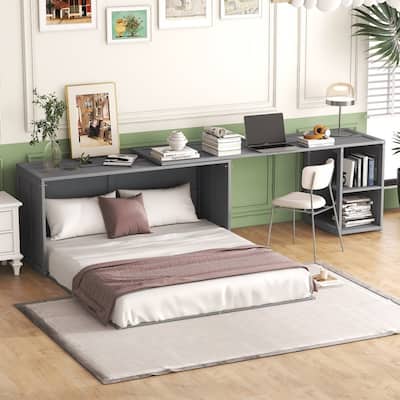 Queen Size Mobile Murphy Cube Cabinet Bed with Rotable Desk, Solid Wood Murphy Bed Chest Platform Murphy Bed for Guest Room