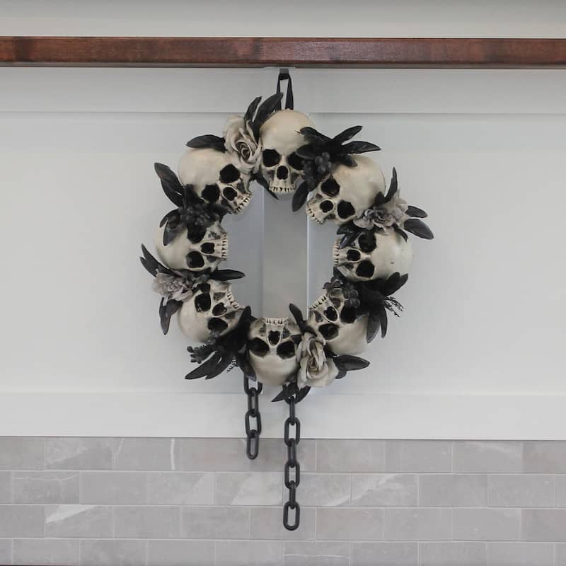 Haunted Hill Farm 15.7-In. Skulls and Chains Wreath, Halloween Door or Wall Decoration, White-Black-Gray